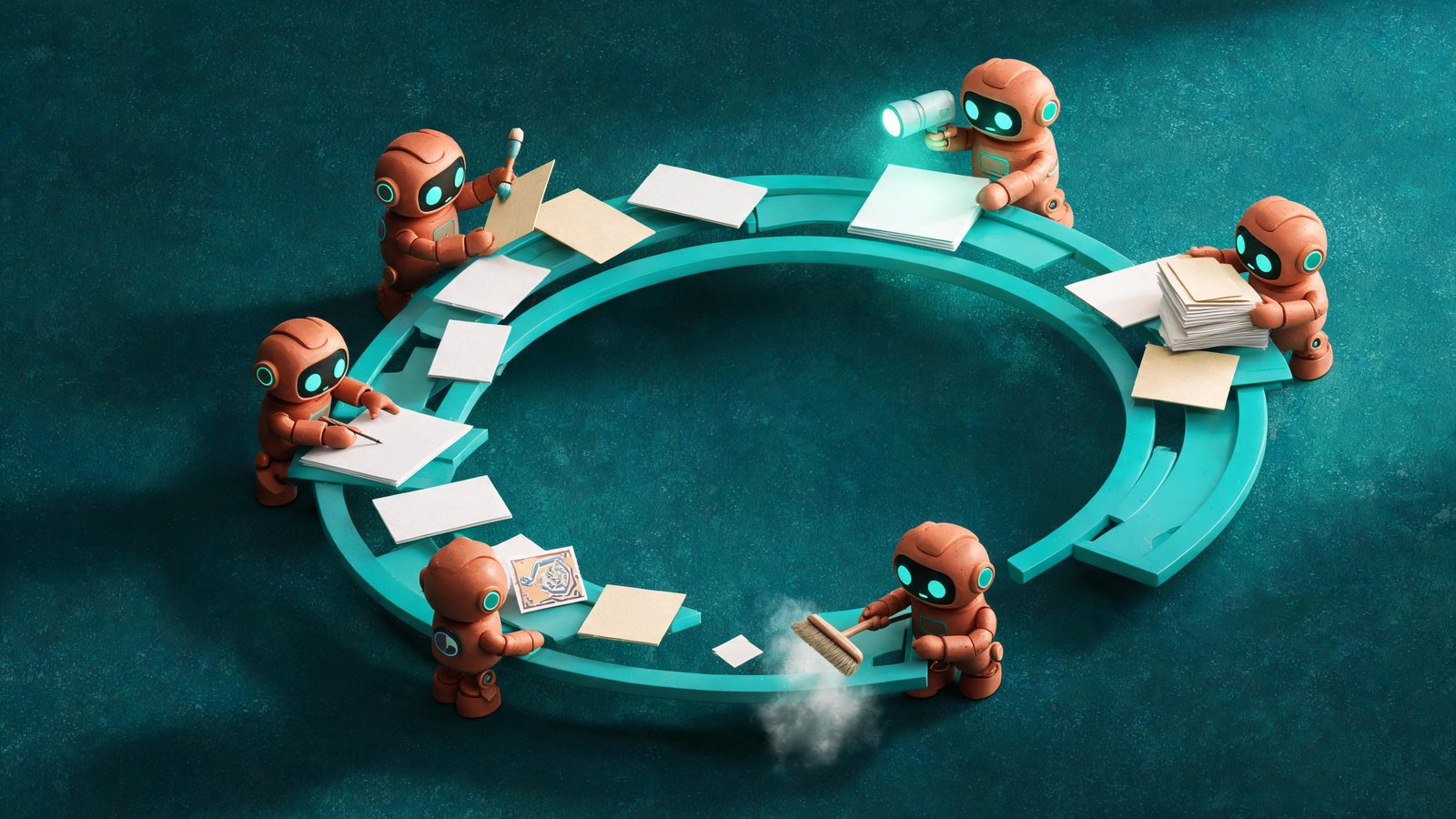 Illustratie van de zelflerende contentmachine: robots die in een loop content maken, beoordelen en verbeteren