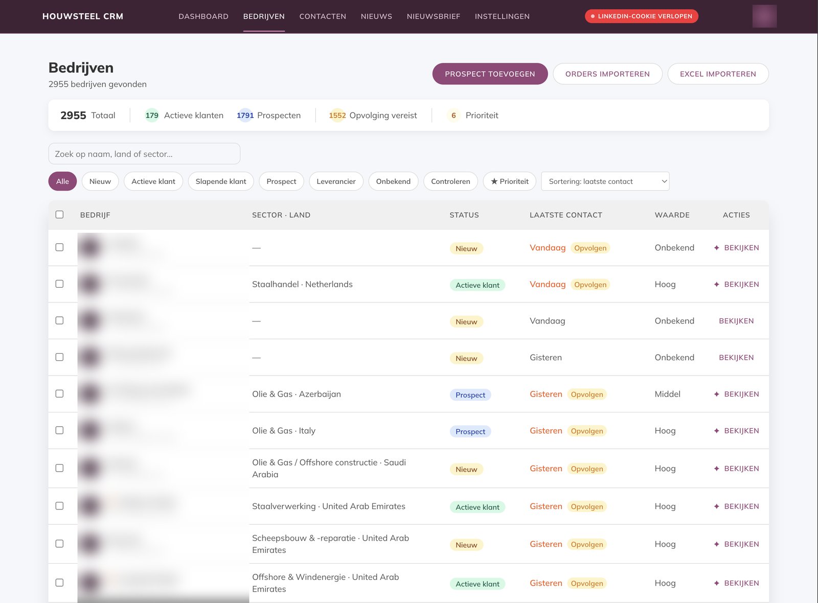 Bedrijvenoverzicht in het Houwsteel CRM met status, laatste contact en opvolging (namen geanonimiseerd)