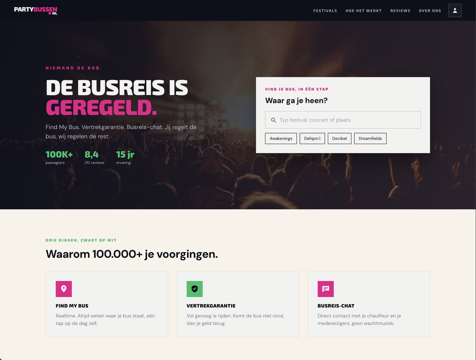 Homepage van het nieuwe Partybussen.nl-boekingsplatform: De busreis is geregeld